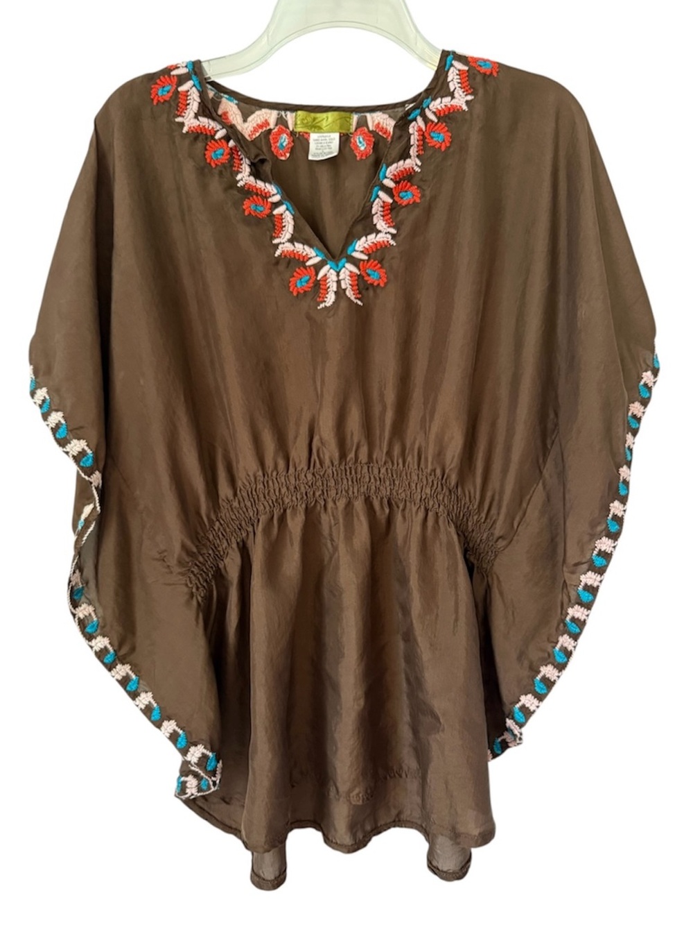 MOON COLLECTION Brown Embroidered Bat Wing Sleeve 100% Silk Top Size Large Boho